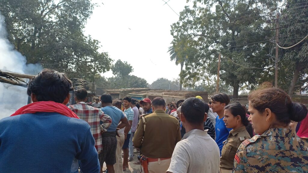 Aftermath of a gas cylinder blast in Bahadurpur, Laheriasarai, showing fire damage to nearby shops.