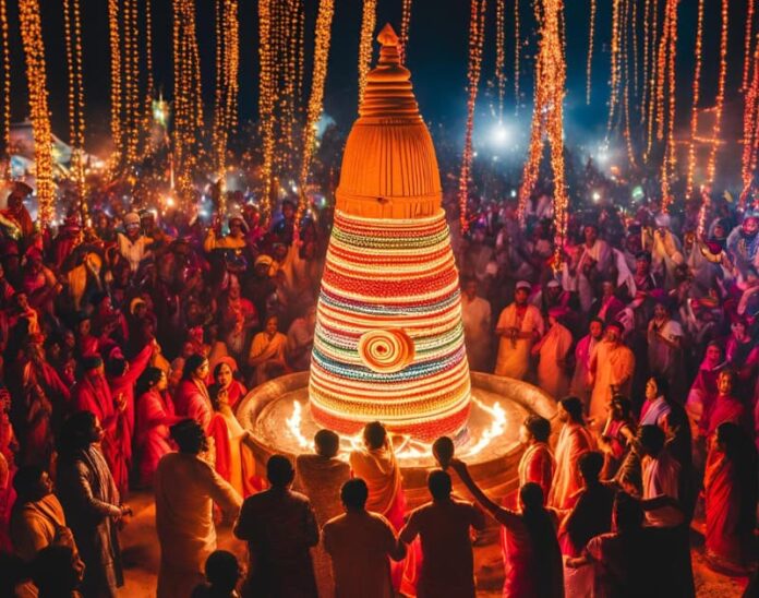 Devotees chanting 'Har Har Mahadev' inside a crowded Shiva temple.